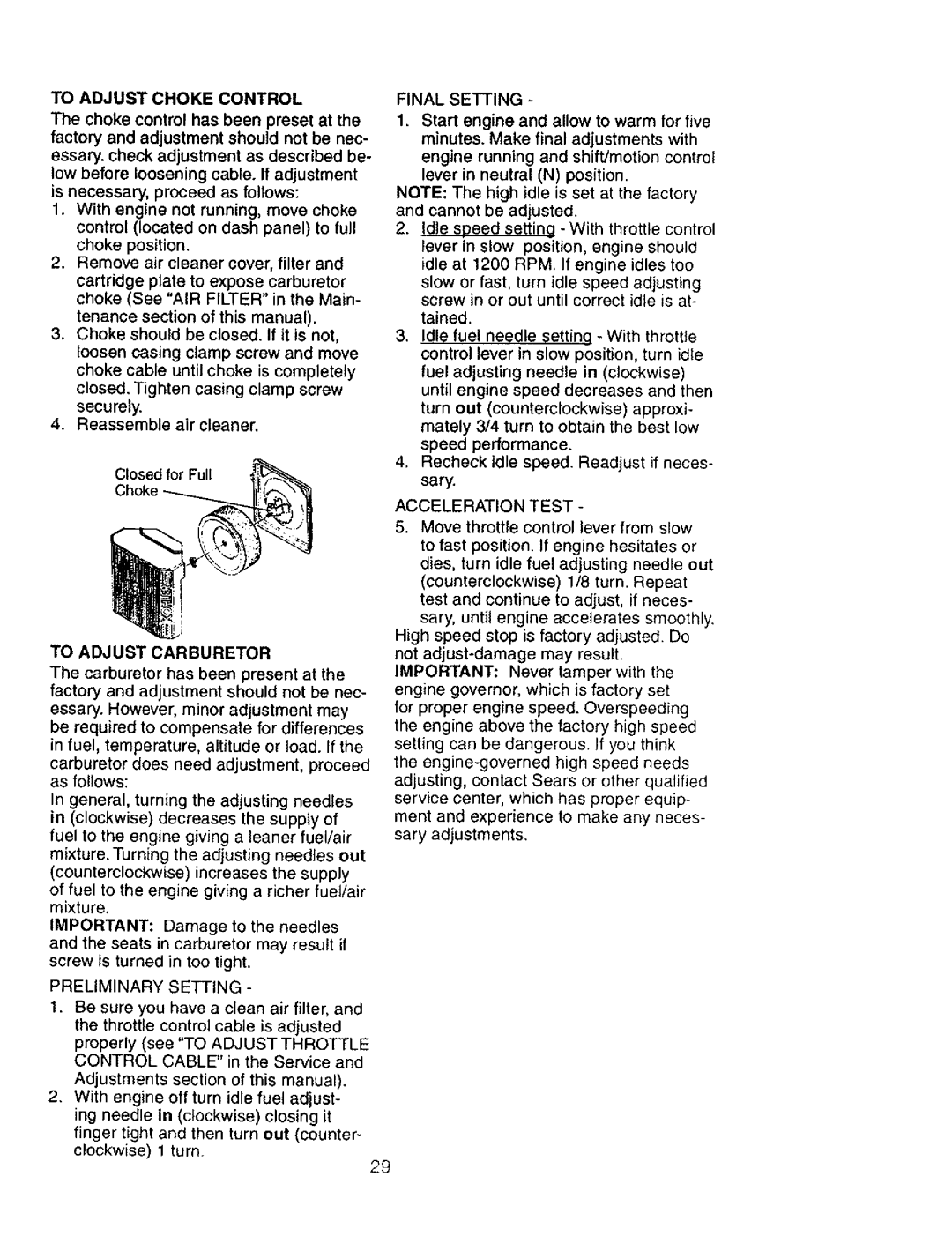 Craftsman 917.27603 To Adjust Choke Control, To Adjust Carburetor, Preliminary Setting, Final Setting, Acceleration Test 