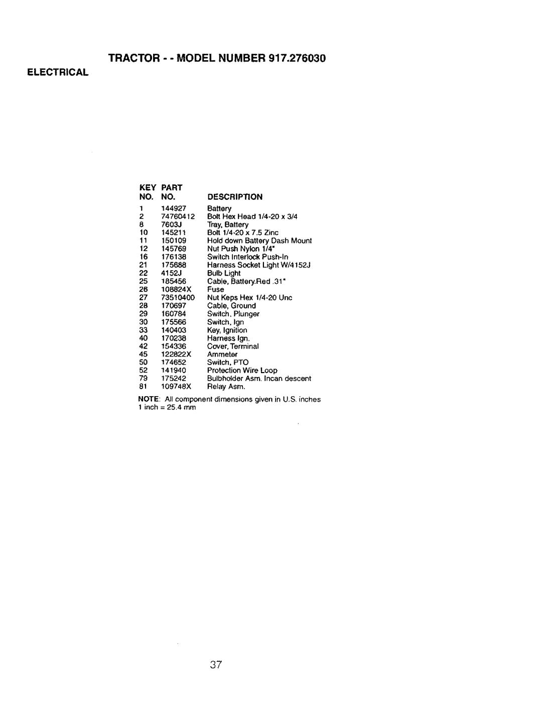 Craftsman 917.27603 manual Electrical, KEY Part Description 