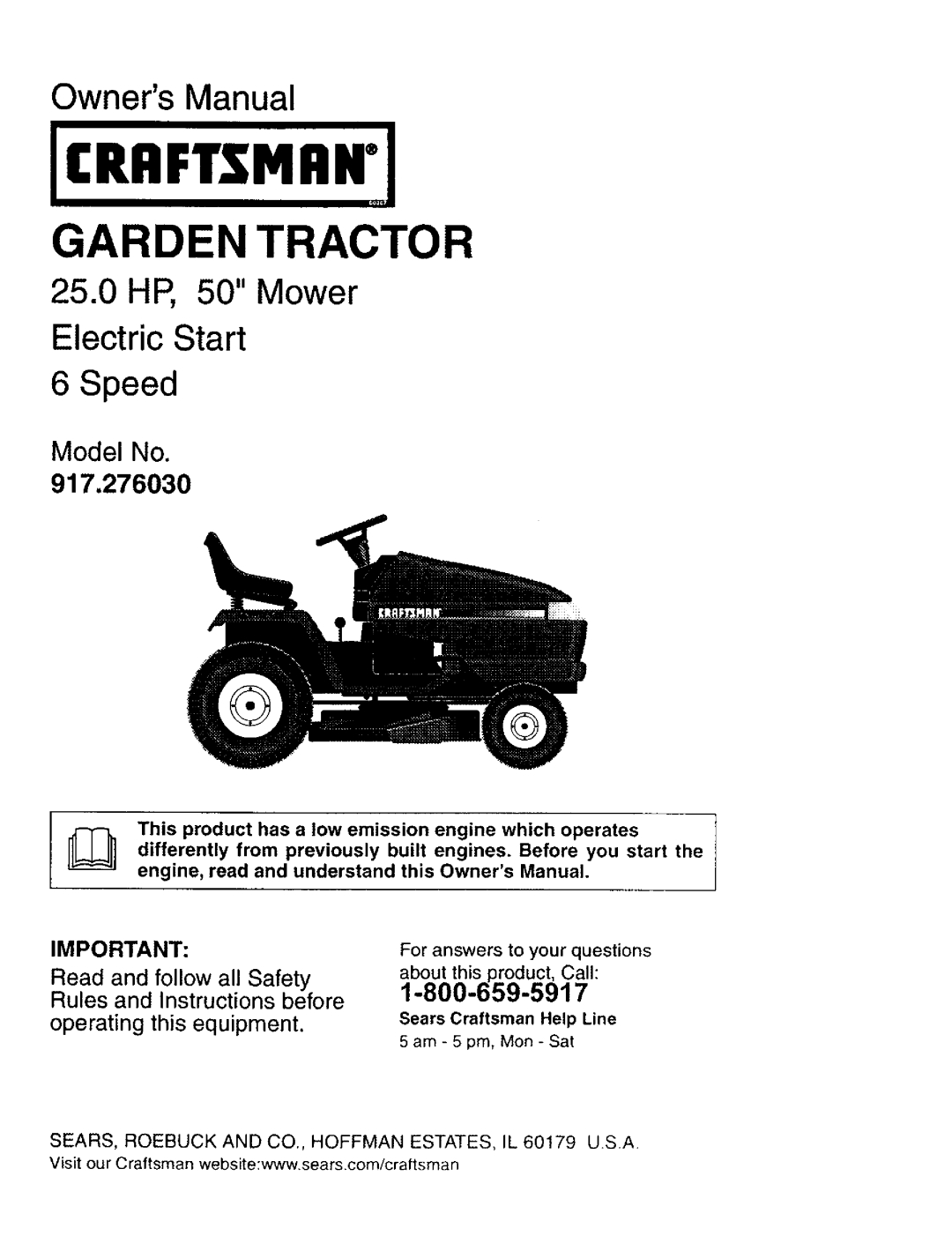 Craftsman 917.27603 manual OwnersManual, 25.0HP, 50 Mower Electric Start, Speed, operating this equipment, Jcriiftsmiimj 
