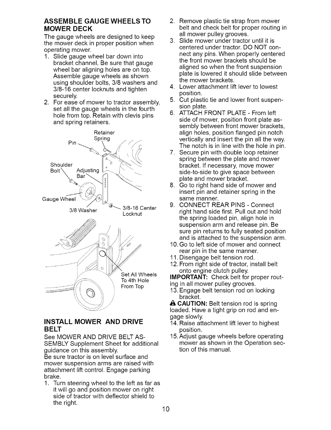 Craftsman 917.27621 manual Assemble Gauge Wheels to Mower Deck, Attach Front Plate, Connect Rear Pins 