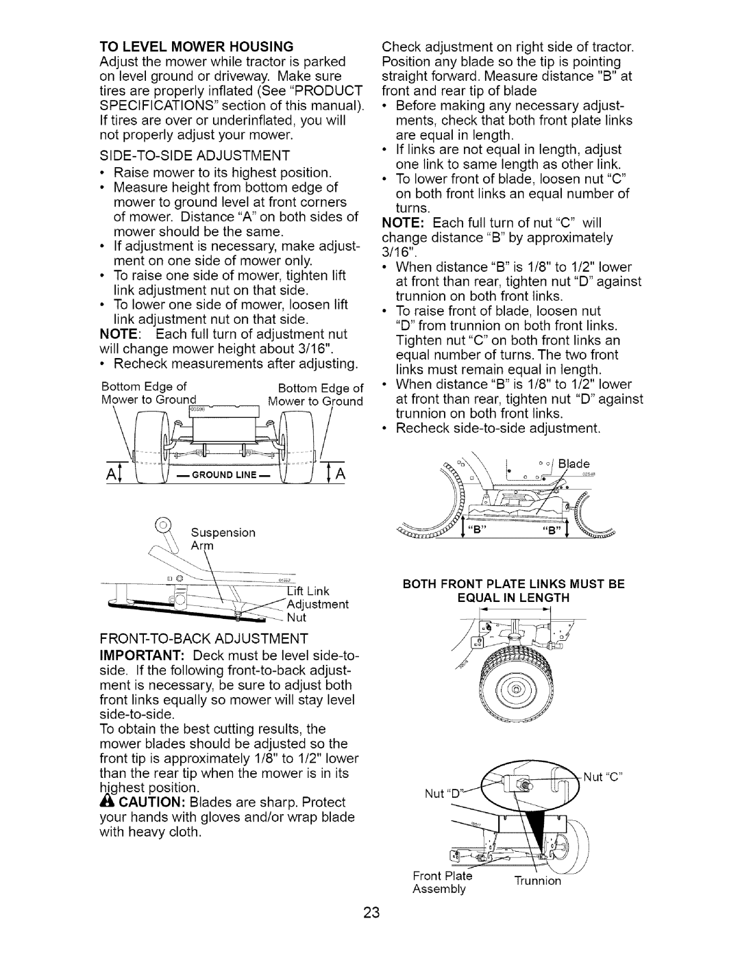 Craftsman 917.27621 manual To Level Mower Housing, SIDE-TO-SIDE Adjustment, Both Front Plate Links Must be, Equal in Length 