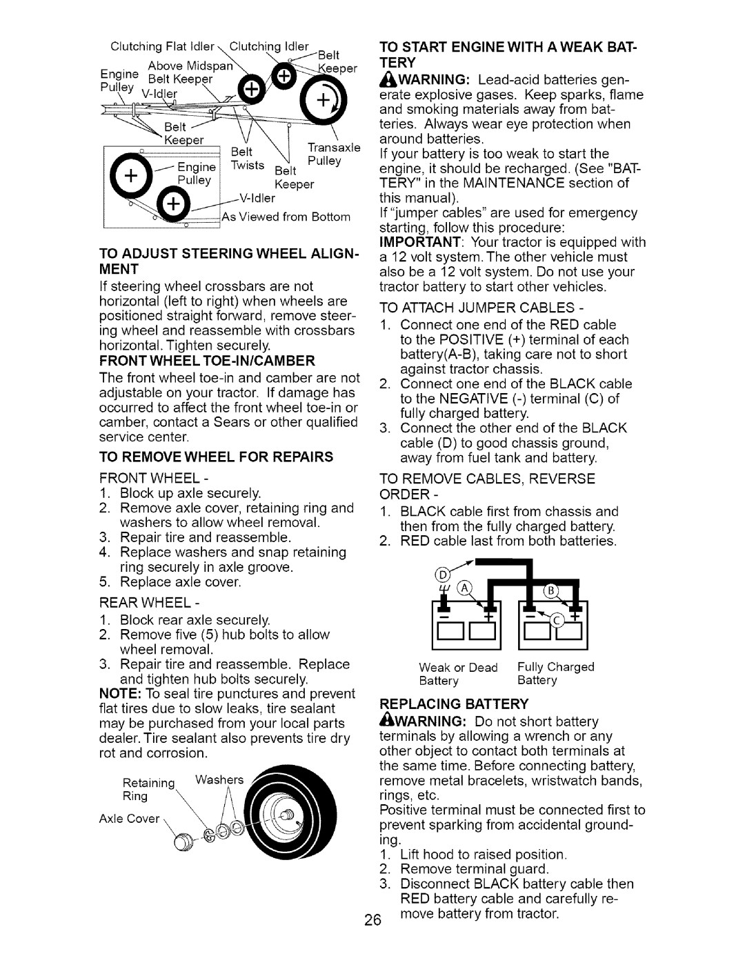 Craftsman 917.27621 To Start Engine with a Weak BAT Tery, To Adjust Steering Wheel Align Ment, To Remove Wheel for Repairs 