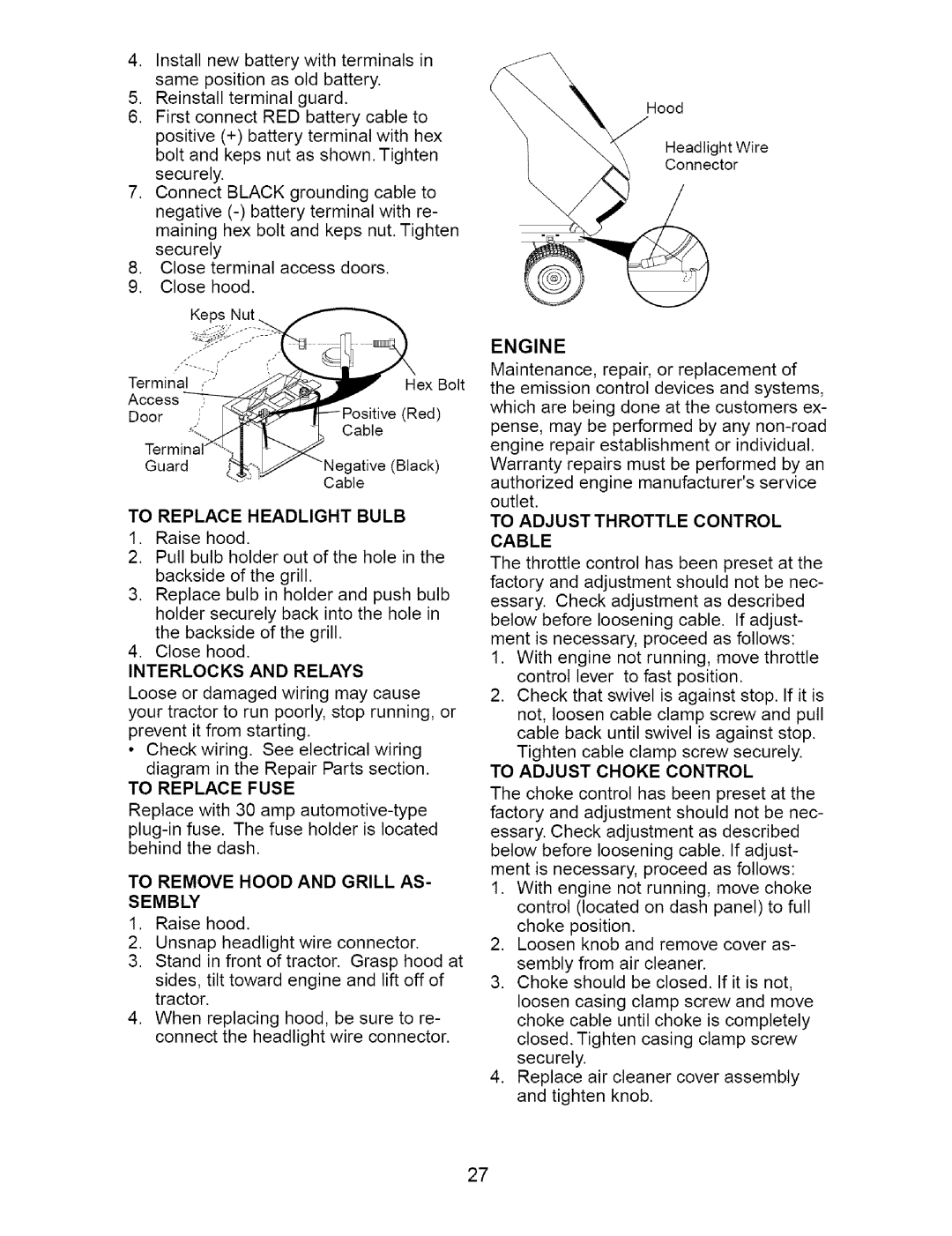 Craftsman 917.27621 manual To Replace Headlight Bulb, To Remove Hood and Grill AS- Sembly 