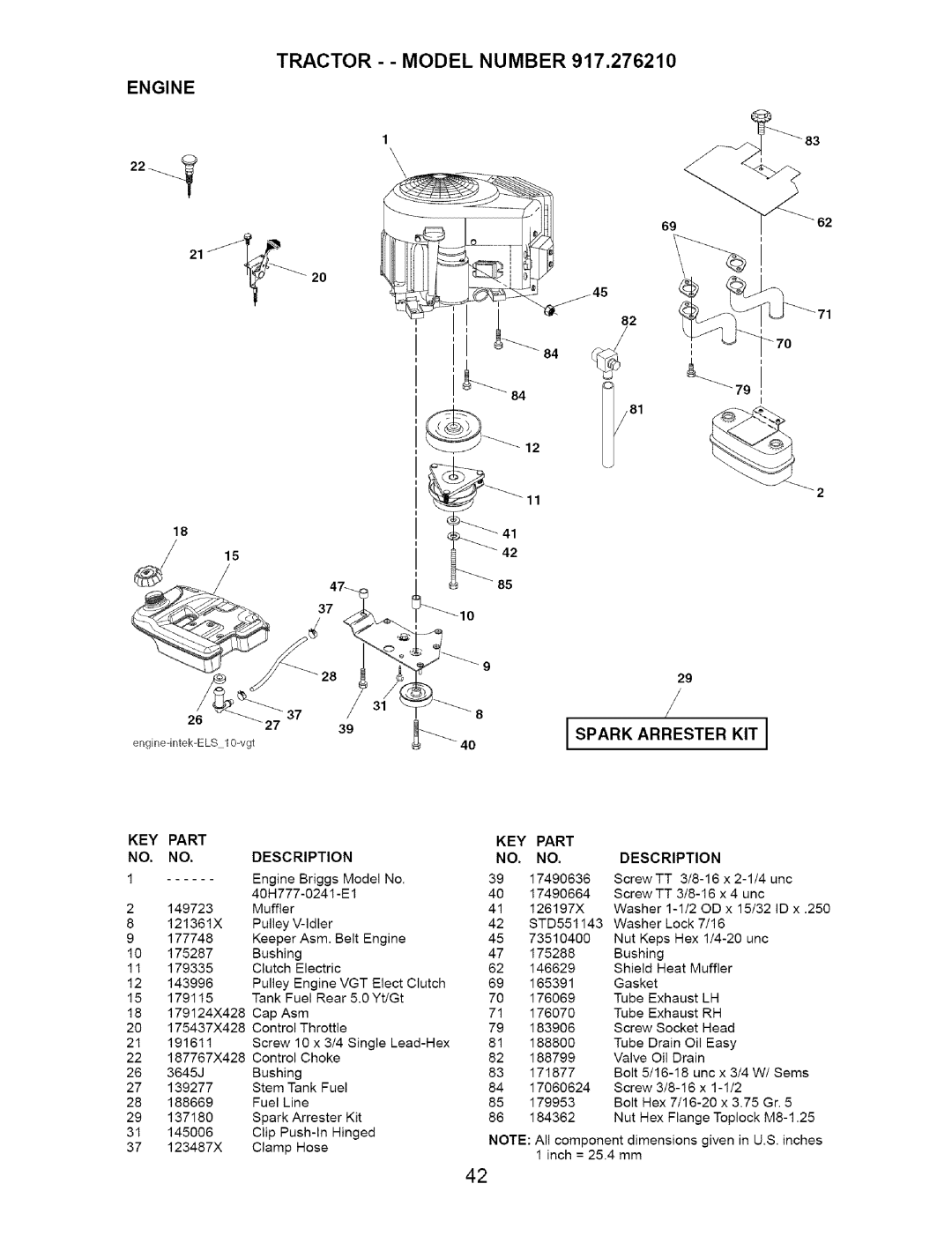 Craftsman 917.27621 manual Engine, KEY Part, Spark Arrester KIT 