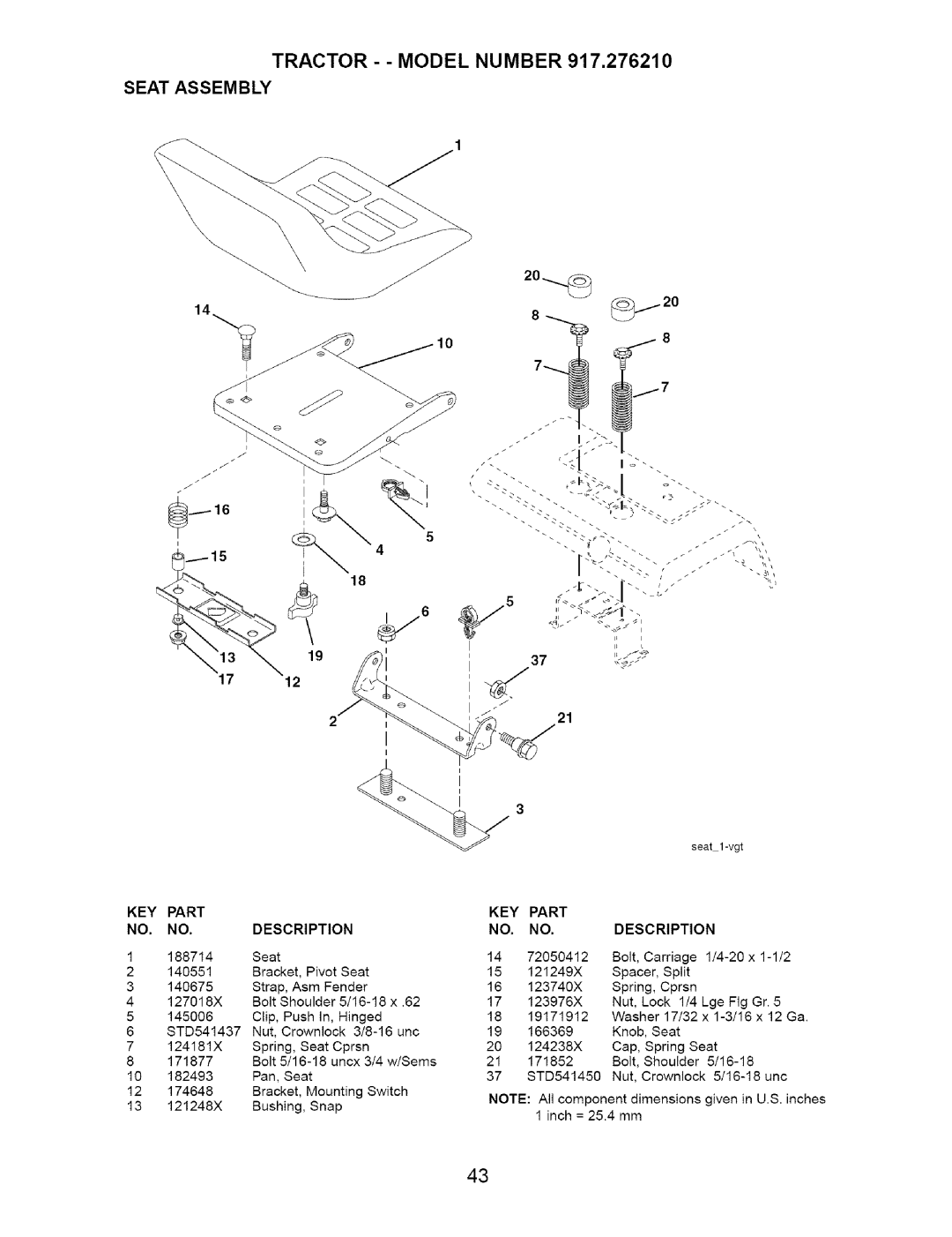 Craftsman 917.27621 manual Tractor - Model Number 917,276210 Seat Assembly 