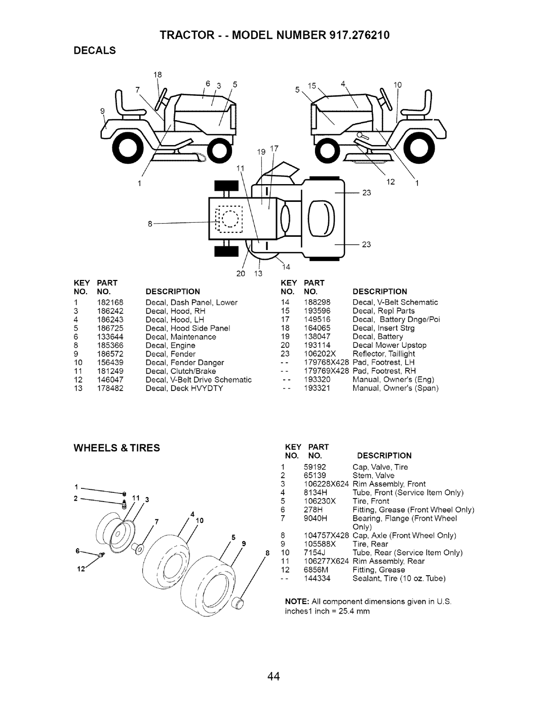 Craftsman 917.27621 manual Decals, Wheels Tires 