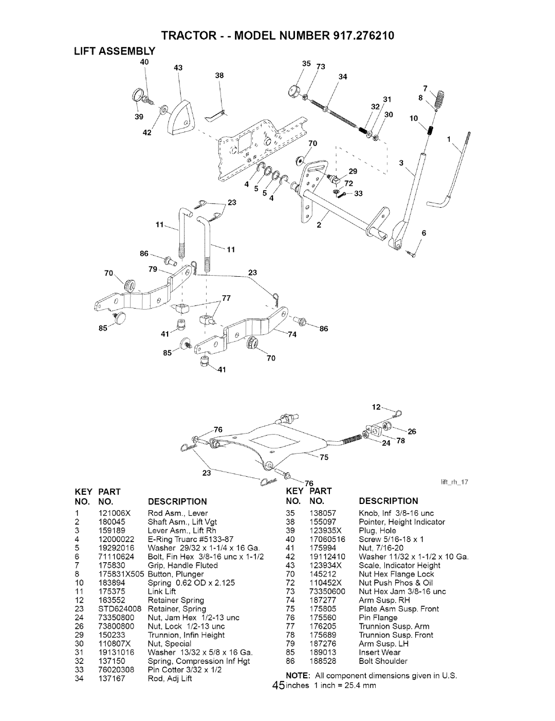 Craftsman 917.27621 manual Lift Assembly, KEY Part 