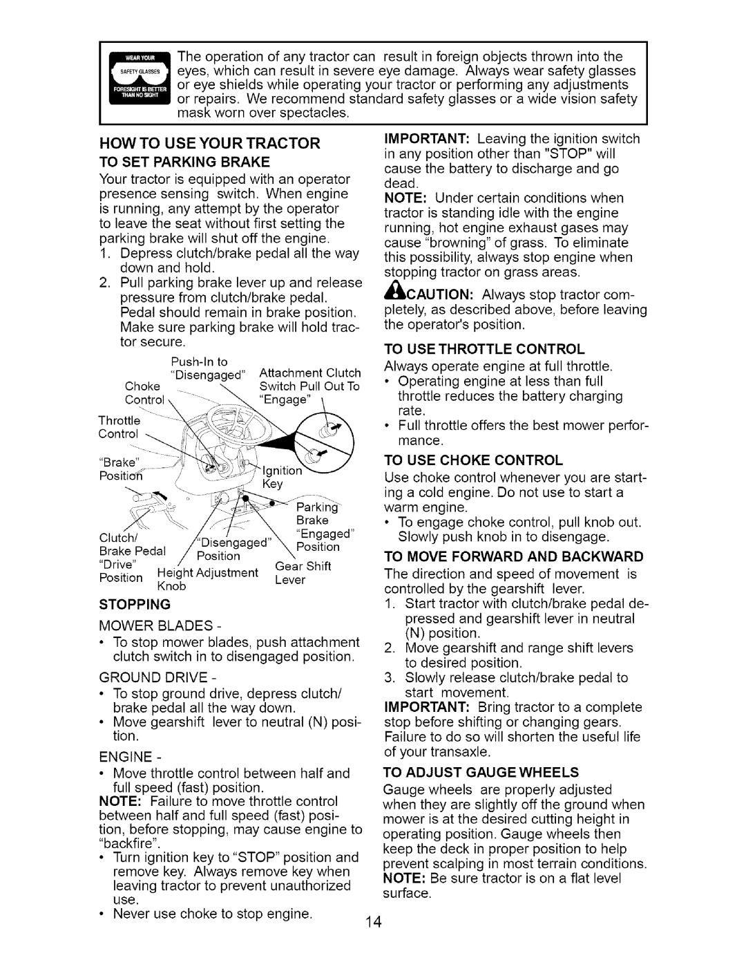 Craftsman 917.27623 owner manual HOW USE Your Tractor, To SET Parking Brake, Stopping 