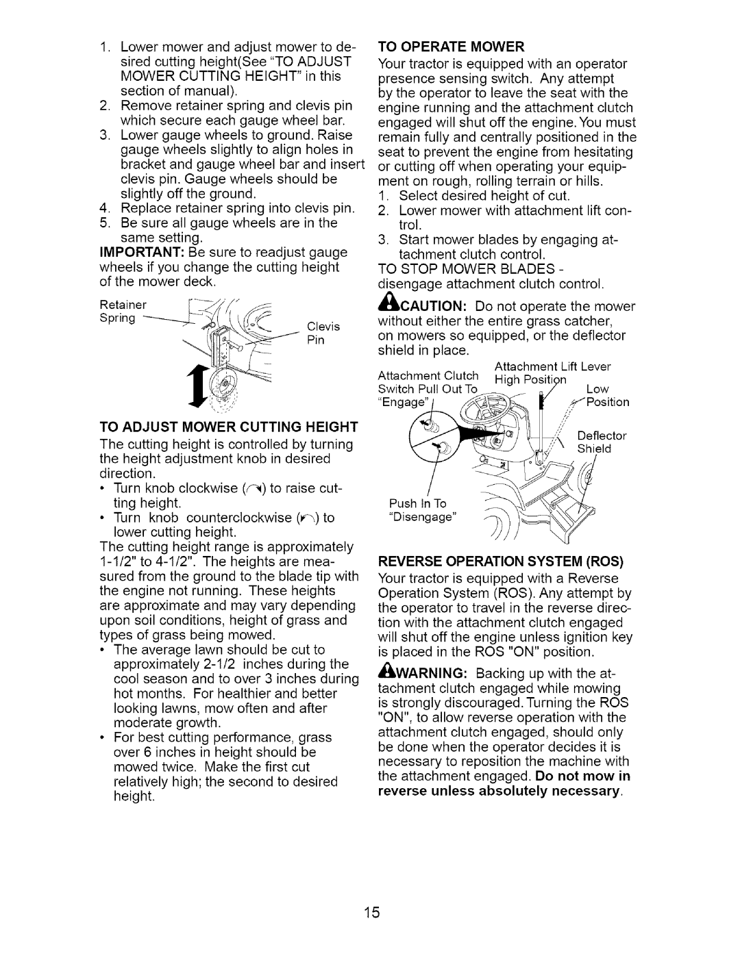 Craftsman 917.27623 owner manual To Adjust Mower Cutting Height, To Operate Mower, To Stop Mower Blades 