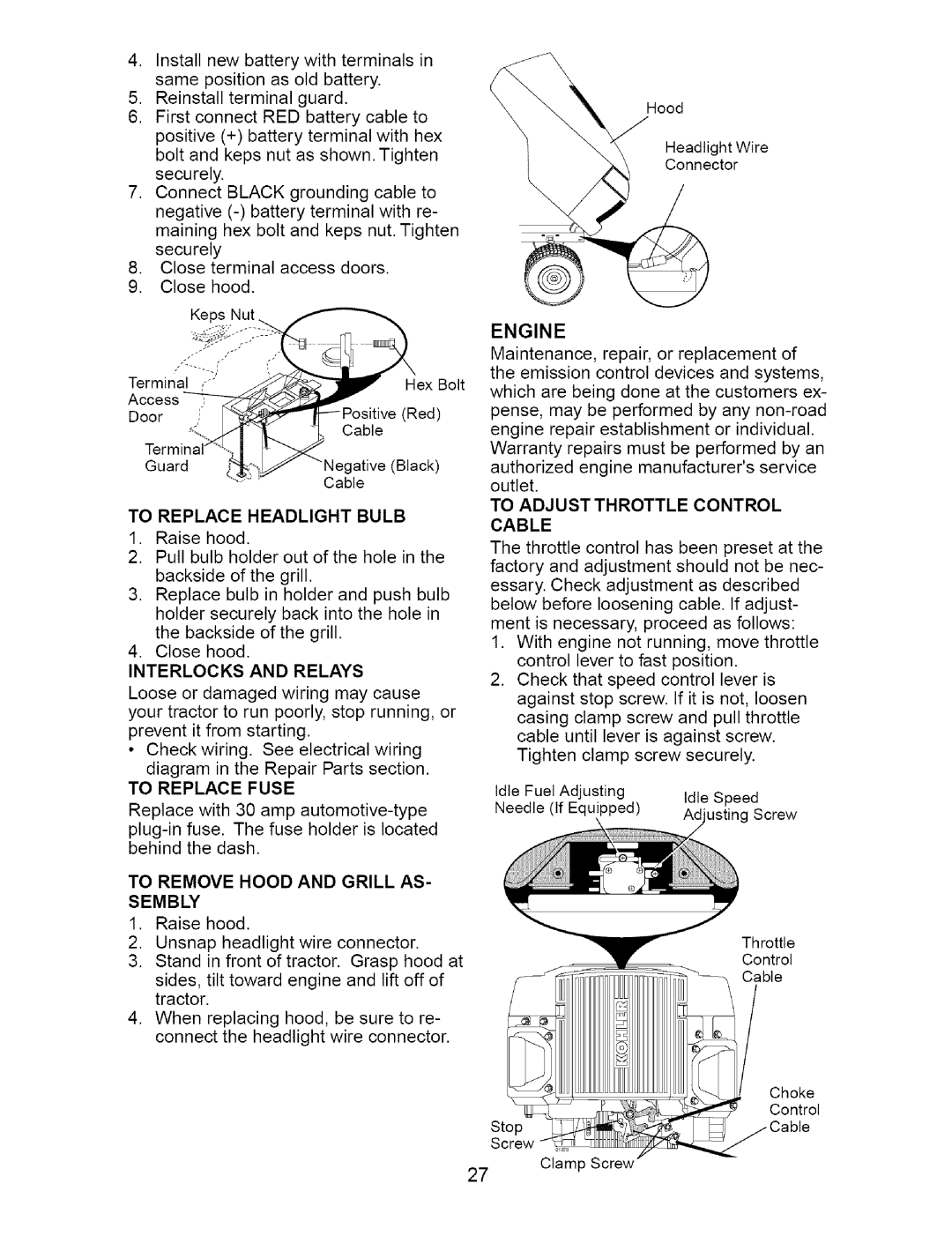 Craftsman 917.27623 owner manual To Replace Headlight Bulb, Engine, To Remove Hood and Grill AS Sembly 