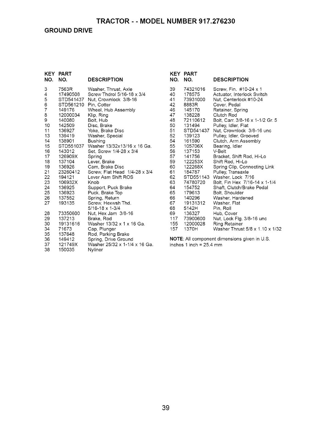 Craftsman 917.27623 owner manual Tractor - Model Number Ground Drive, KEY Part Description 