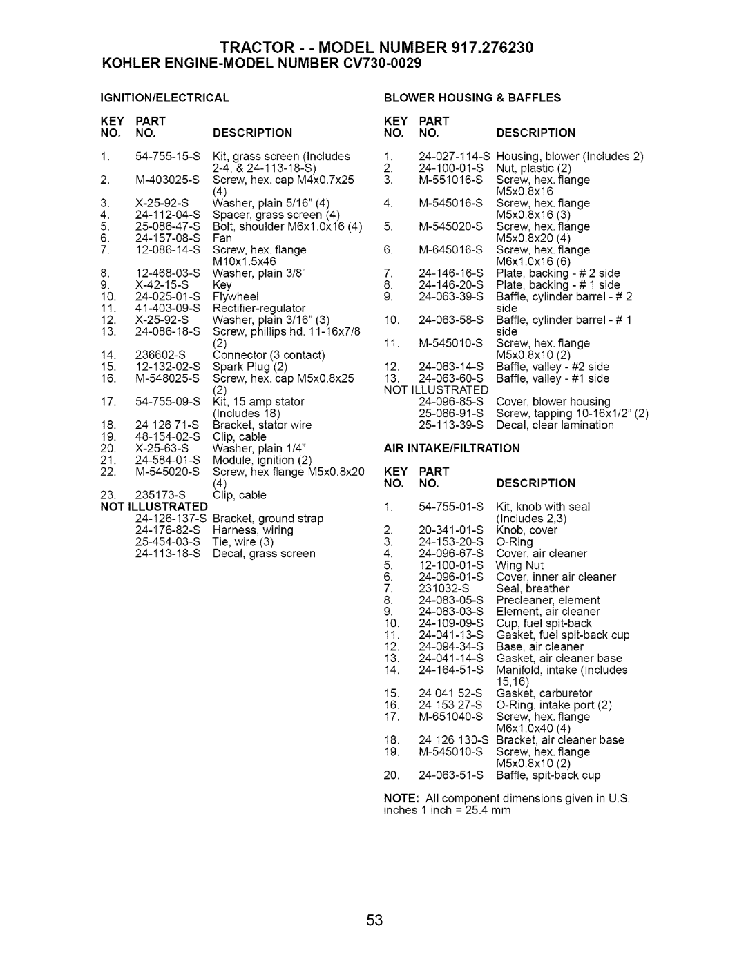 Craftsman 917.27623 owner manual Not Illustrated, Air Intake/Filtration 