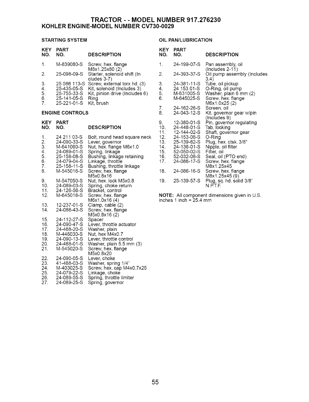 Craftsman 917.27623 owner manual Starting System KEY Part Description OIL PAN/LUBRICATION 