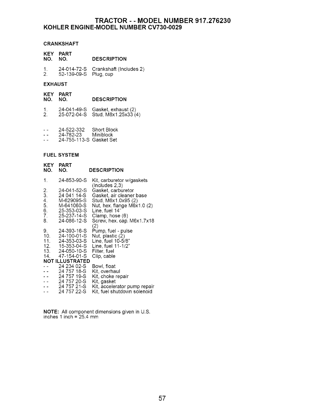 Craftsman 917.27623 owner manual Crankshaft KEY Part Description, Exhaust KEY Part Description 