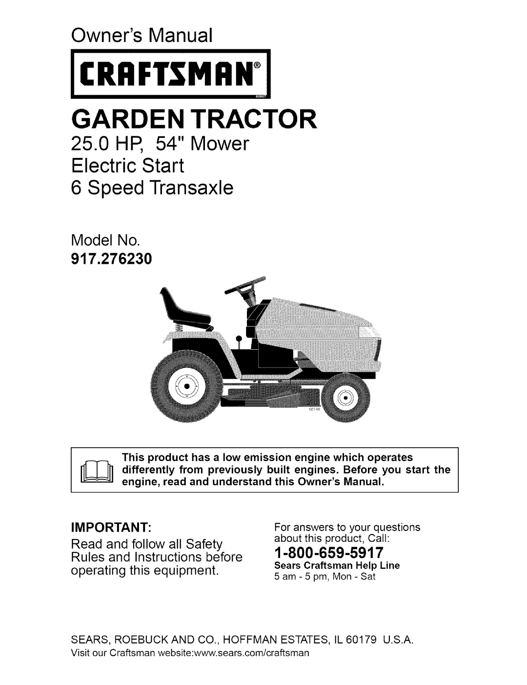 Craftsman owner manual Model No, 917.276230, 1-800-659-5917, operating this equipment, Criiftsmiih, Garden Tractor 