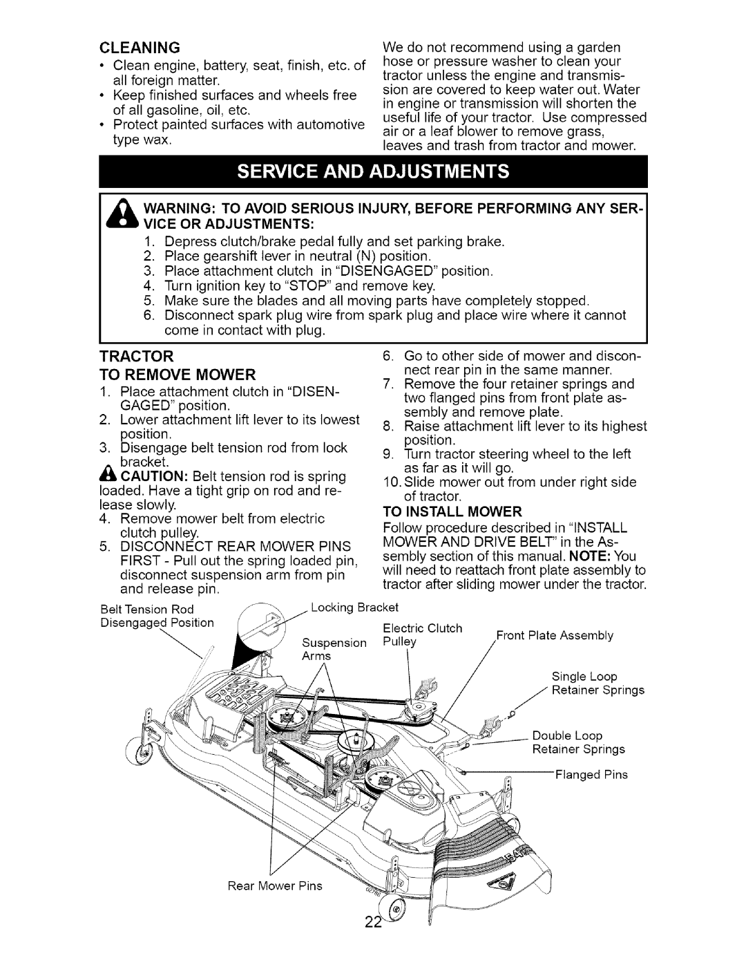 Craftsman 917.27623 owner manual Cleaning, Vice Or Adjustments, To Remove Mower, To Install Mower 