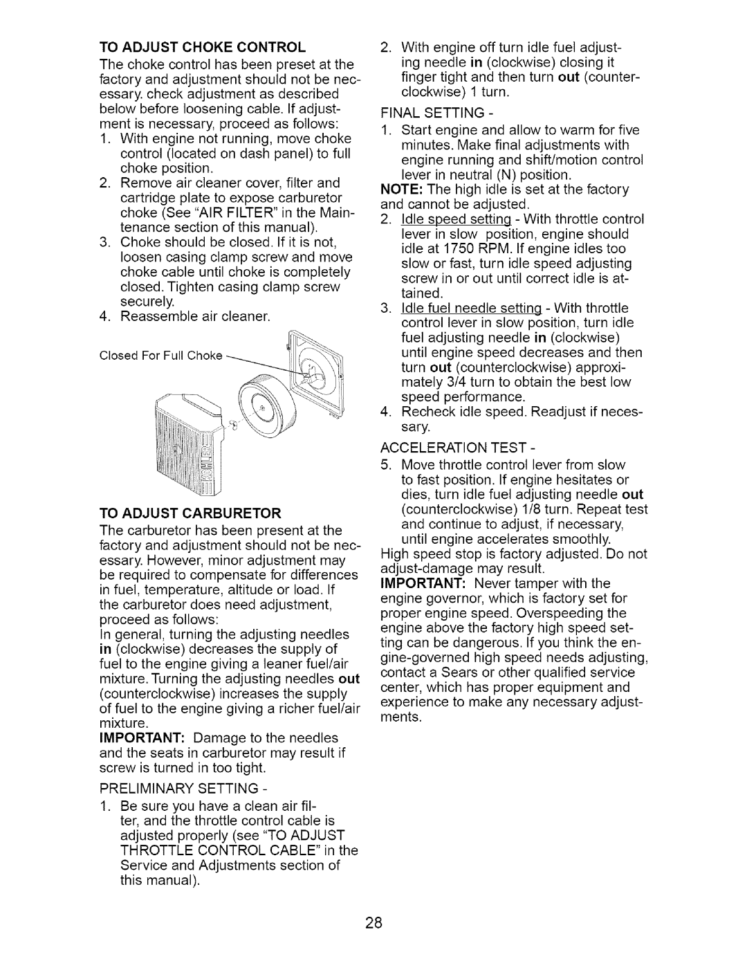 Craftsman 917.27623 owner manual To Adjust Choke Control 
