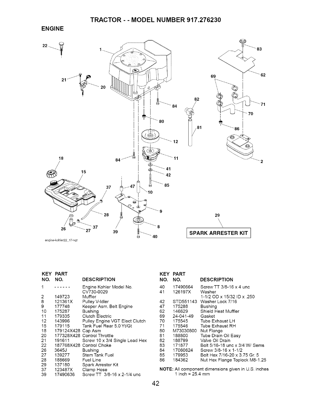Craftsman 917.27623 owner manual TRACTOR - - MODEL NUMBER 917,276230, Engine, Part, Description 