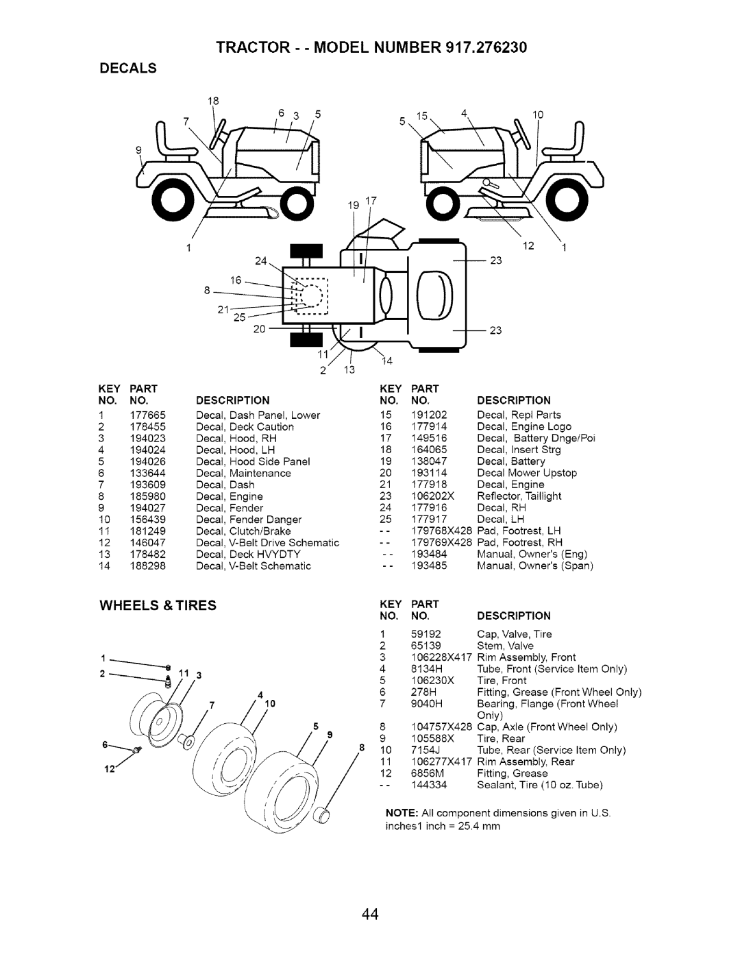 Craftsman 917.27623 owner manual Decals, Wheels &Tires 