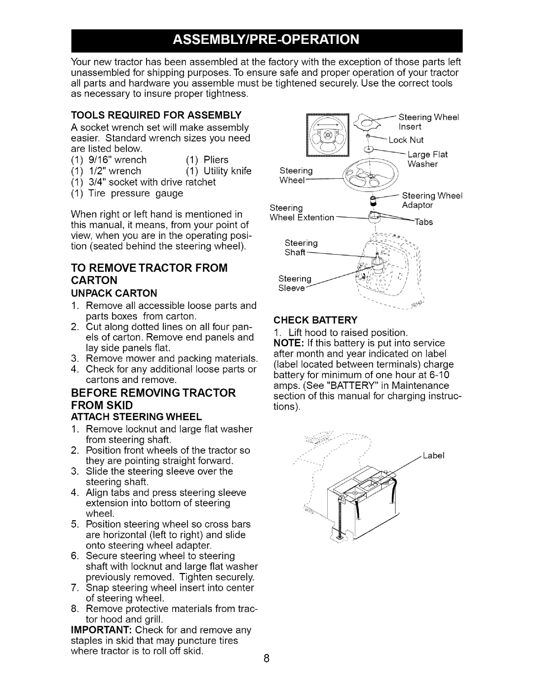Craftsman 917.27623 owner manual To Remove Tractor From Carton, Tools Required For Assembly 