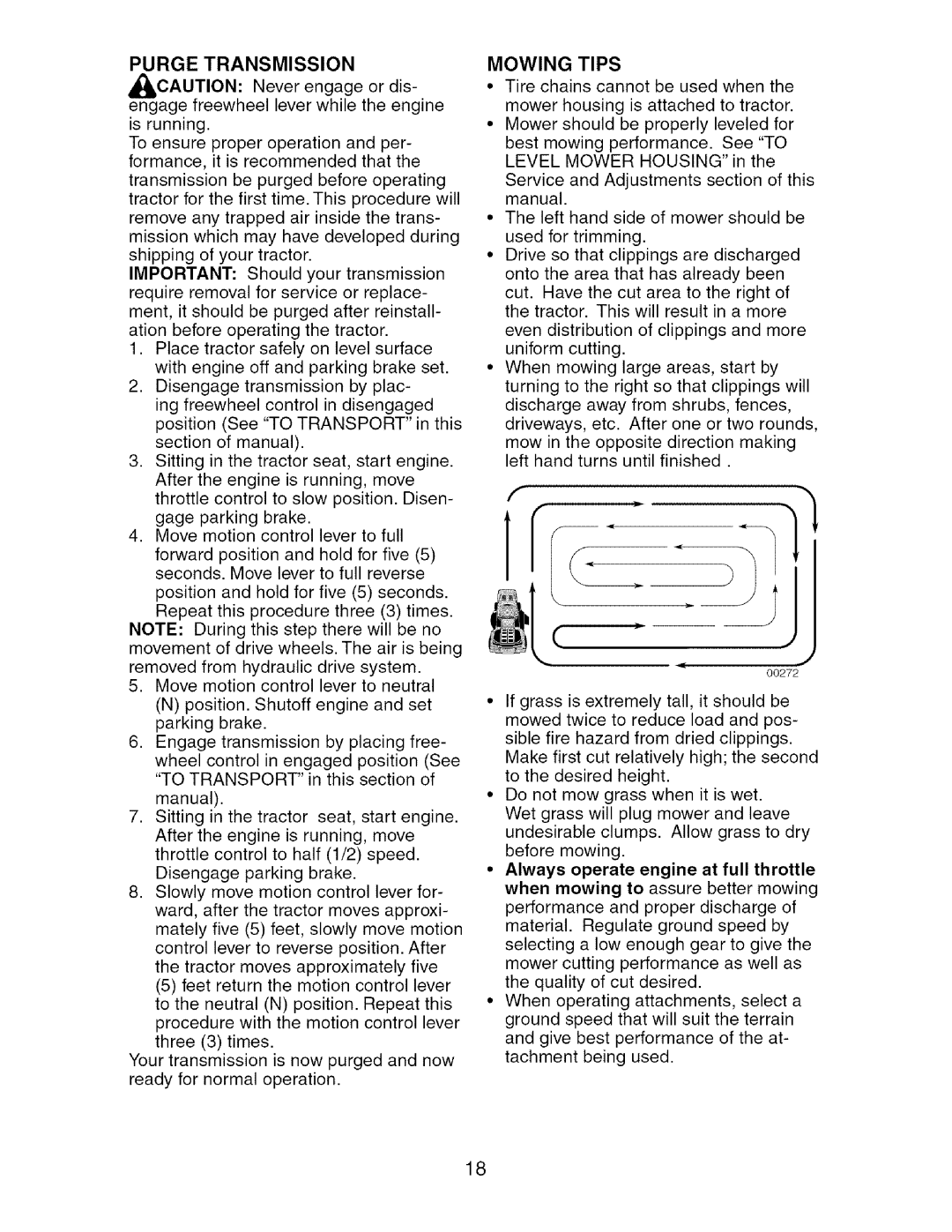 Craftsman 917.27624 owner manual Purge Transmission, Transport, Mowing Tips 