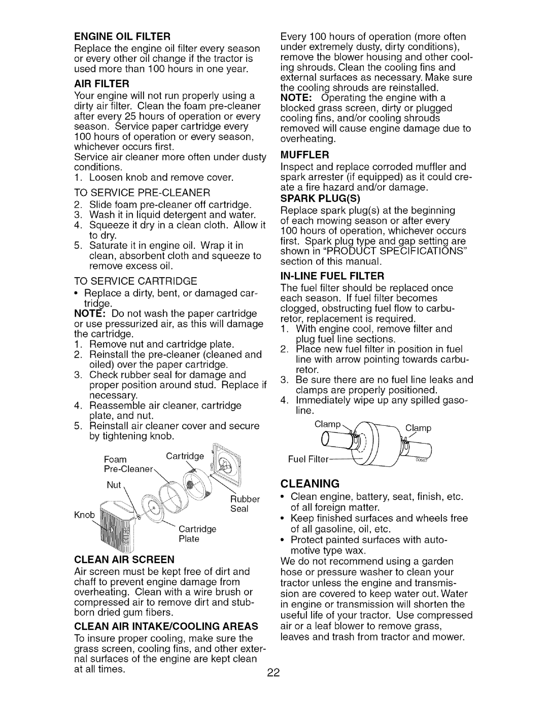 Craftsman 917.27624 owner manual Engine OIL Filter, Muffler, Spark Plugs, IN-LINE Fuel Filter, Clean AIR Screen, Cleaning 