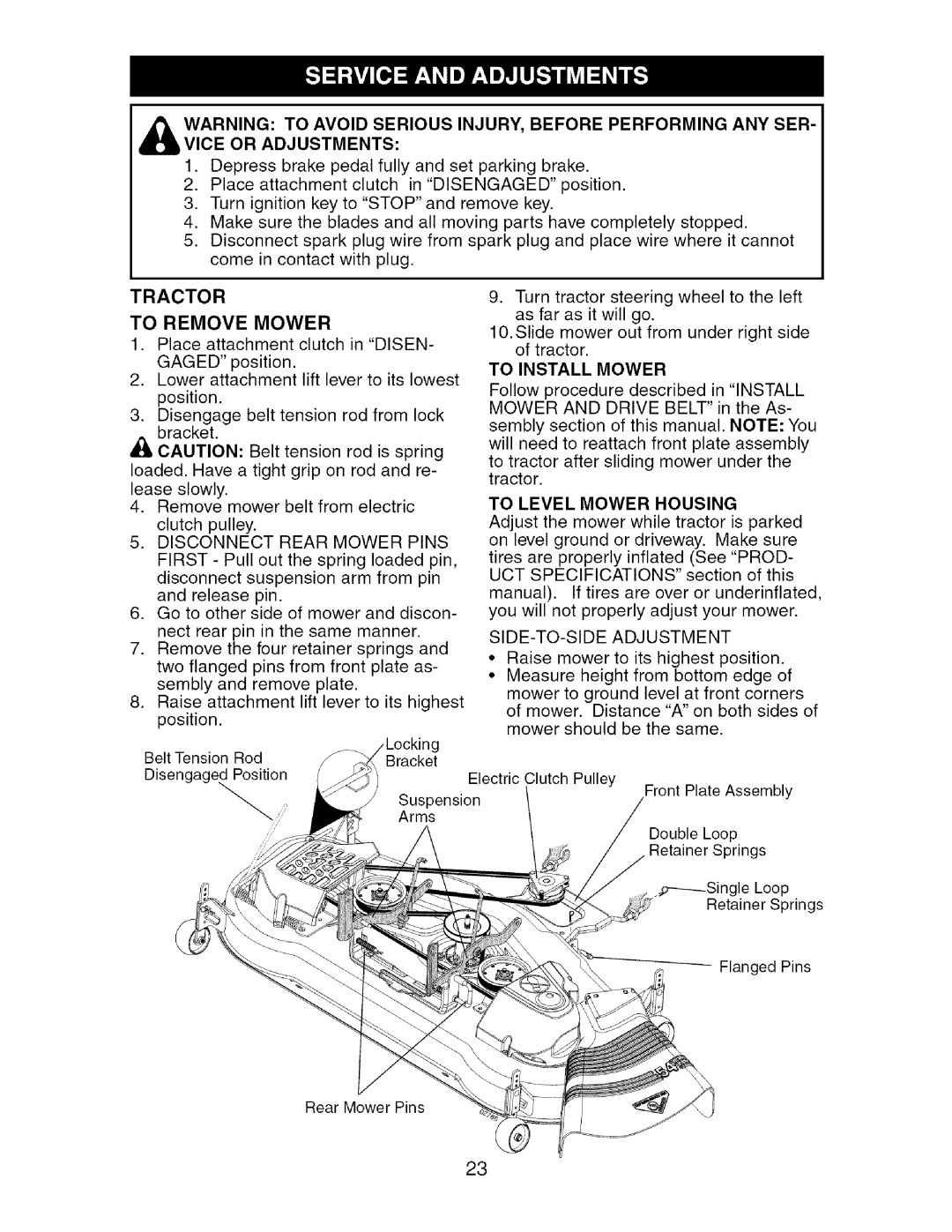 Craftsman 917.27624 owner manual To Remove Mower, To Install Mower, To Level Mower Housing, SIDE-TO-SIDE Adjustment 