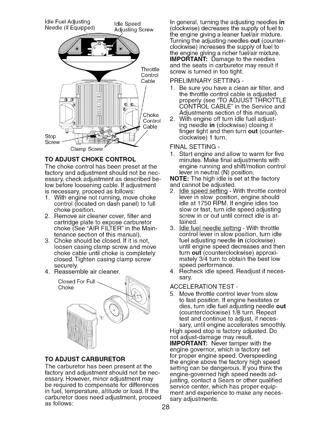 Craftsman 917.27624 To Adjust Choke Control, To Adjust Carburetor, Preliminary Setting, Final Setting, Acceleration Test 