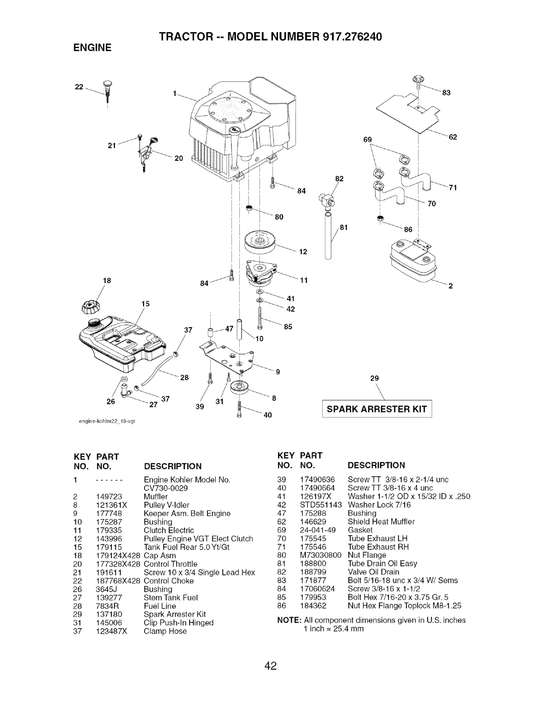 Craftsman 917.27624 owner manual Engine Spark Arrester KIT J, KEY Part Description 