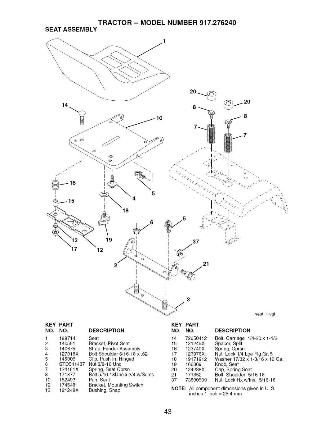 Craftsman 917.27624 owner manual Tractor --MODEL Number Seat Assembly, KEY Part, NO. NO. Description 