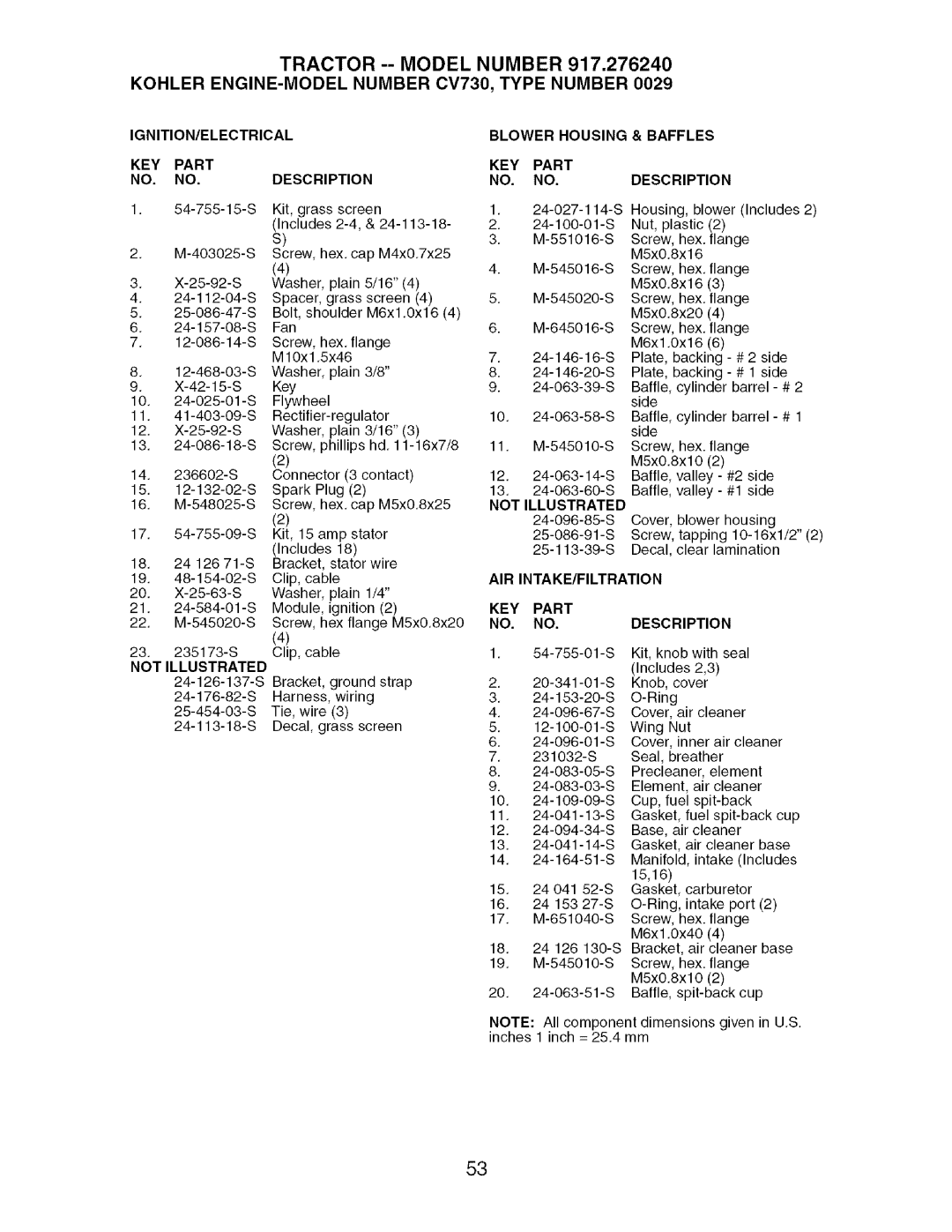 Craftsman 917.27624 Air Intake/Filtration, IGNITION/ELECTRICAL KEY Part Description, Blower Housing KEY Part NO. no 