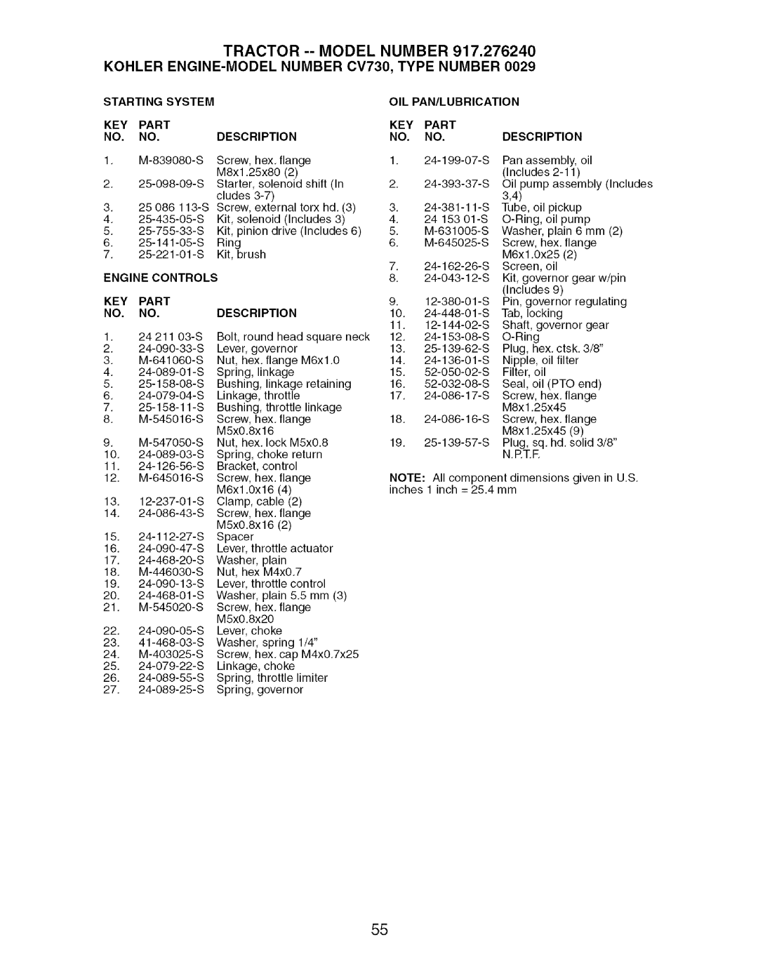 Craftsman 917.27624 owner manual Starting System, OIL PAN/LUBRICATION KEY Part Description 