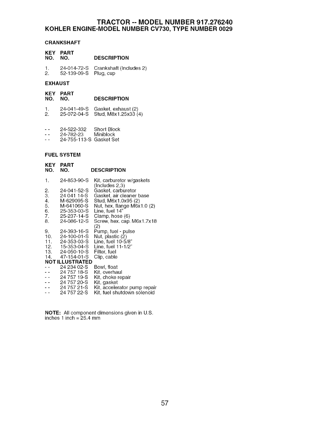 Craftsman 917.27624 owner manual Fuel System, Crankshaft KEY Part Description 