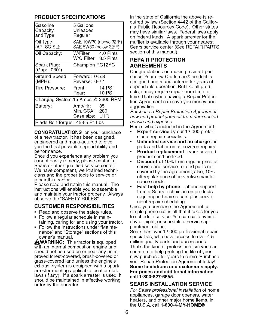 Craftsman 917.27624 owner manual Product, Repair Protection Agreements 