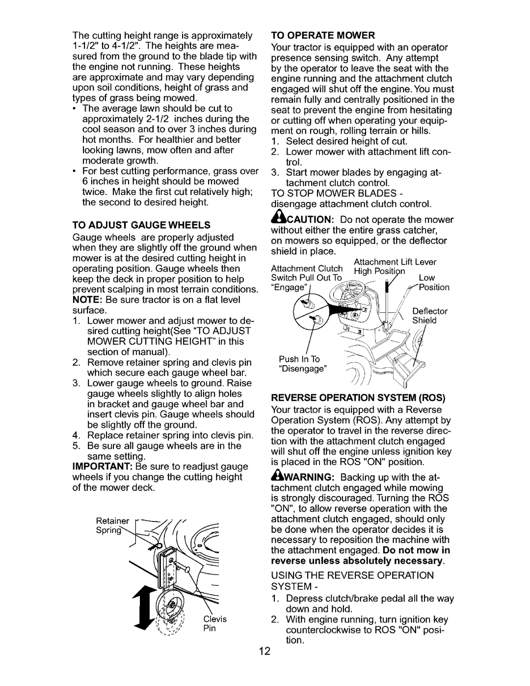 Craftsman 917.27631 owner manual To Adjust Gauge Wheels, To Operate Mower, Reverse Operation System ROS 