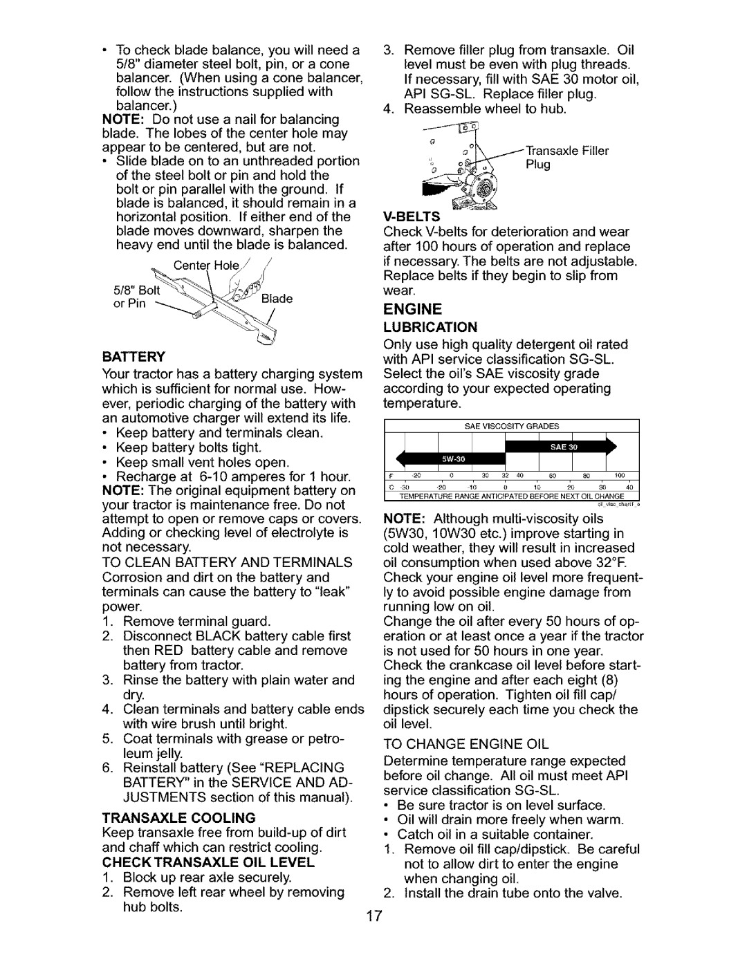 Craftsman 917.27631 owner manual Engine, Battery, Transaxle Cooling, Check Transaxle OIL Level, Lubrication 