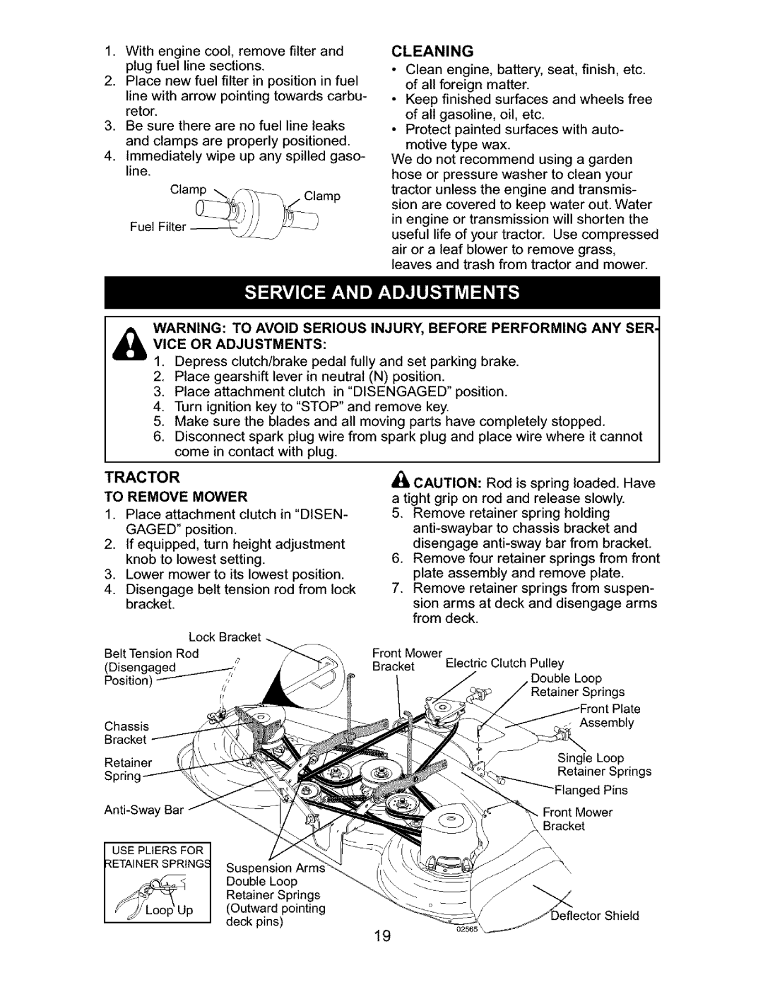 Craftsman 917.27631 owner manual Tractor, Cleaning, Vice or Adjustments, To Remove Mower, Flanged Pins 