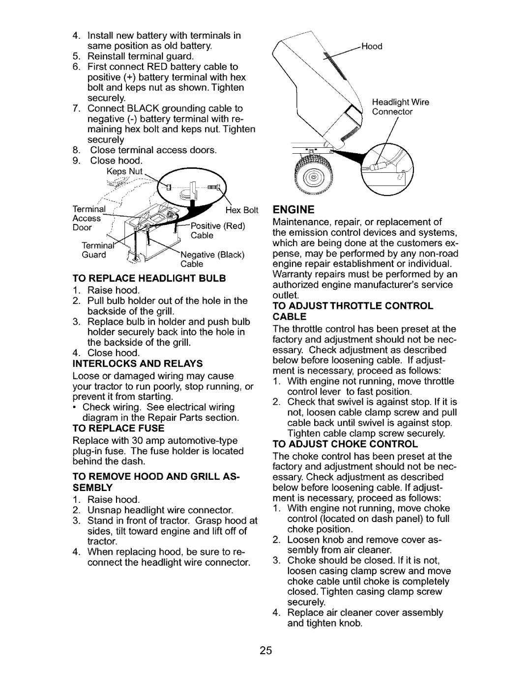 Craftsman 917.27631 owner manual Interlocks and Relays, To Replace Fuse, To Remove Hood and Grill AS- Sembly, Engine 