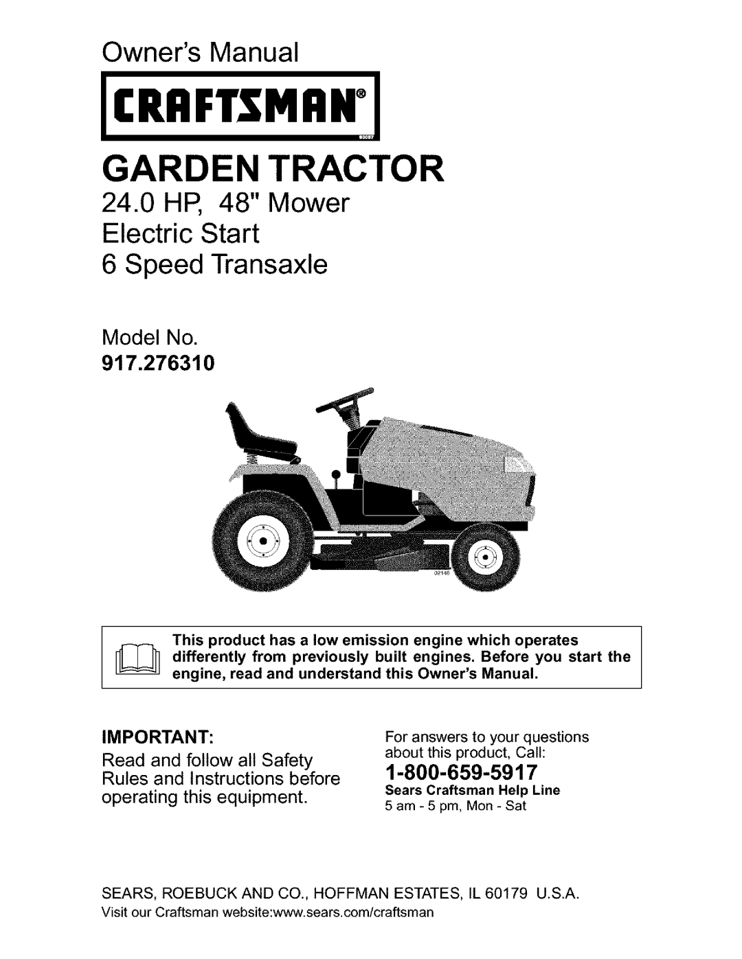 Craftsman 917.27631 owner manual Owners Manual, 24.0HP, 48 Mower, Speed Transaxle, Model No, operating this equipment 