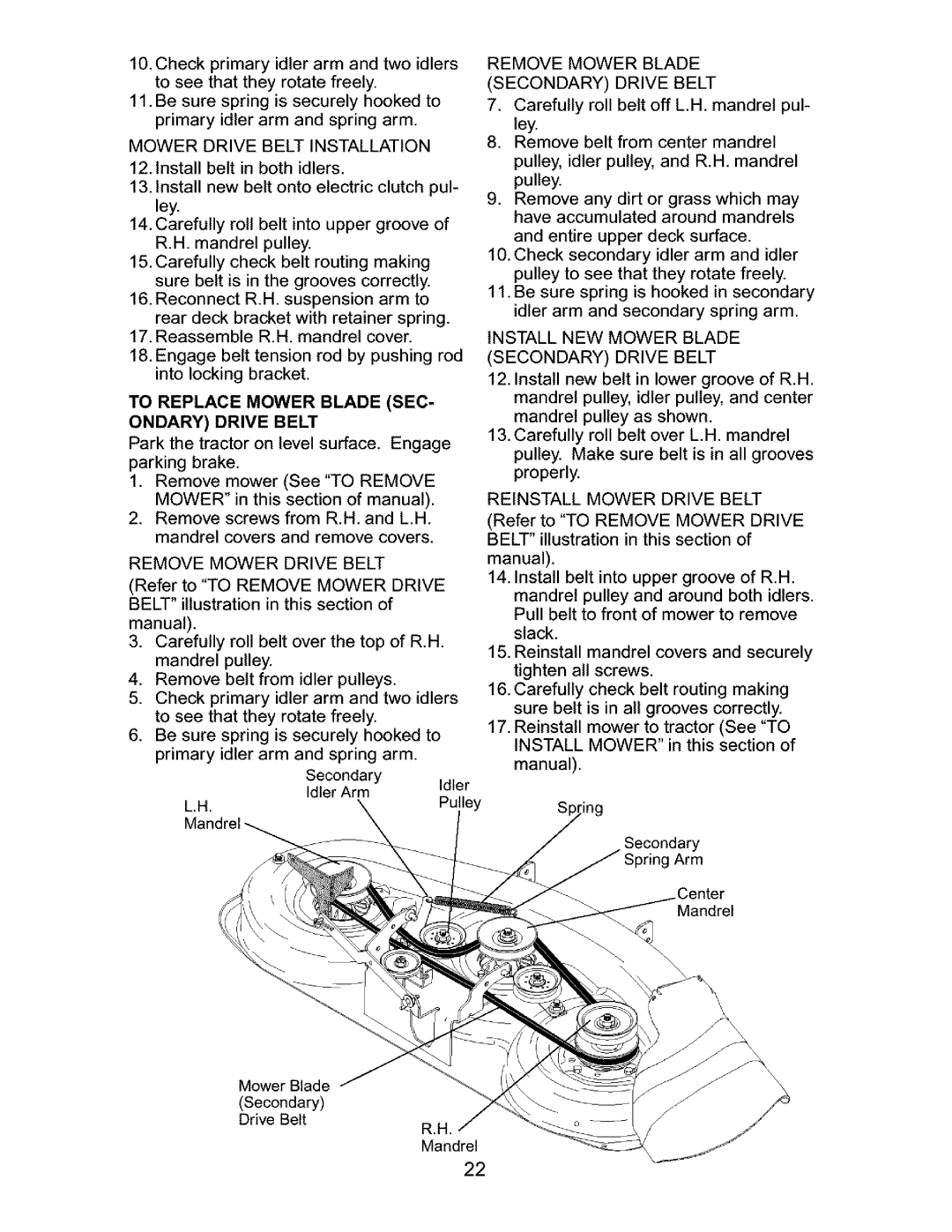 Craftsman 917.27631 owner manual To Replace Mower Blade Sec Ondary Drive Belt, parking brake 