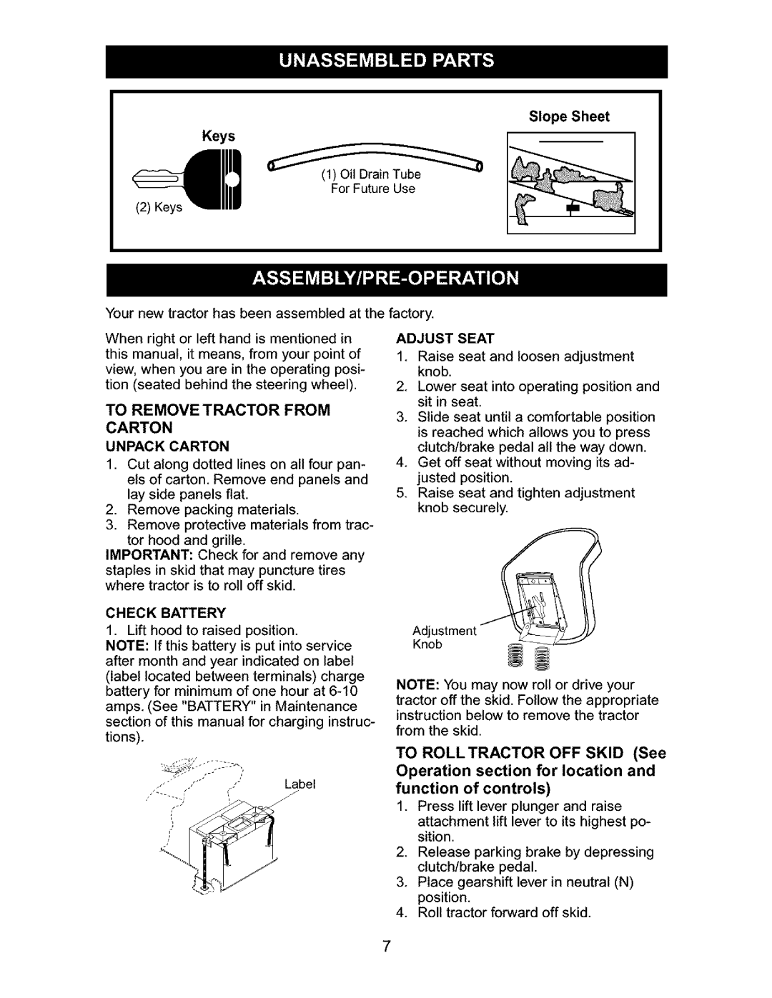 Craftsman 917.27631 owner manual To Remove Tractor From Carton, of controls, Slope Sheet Keys 