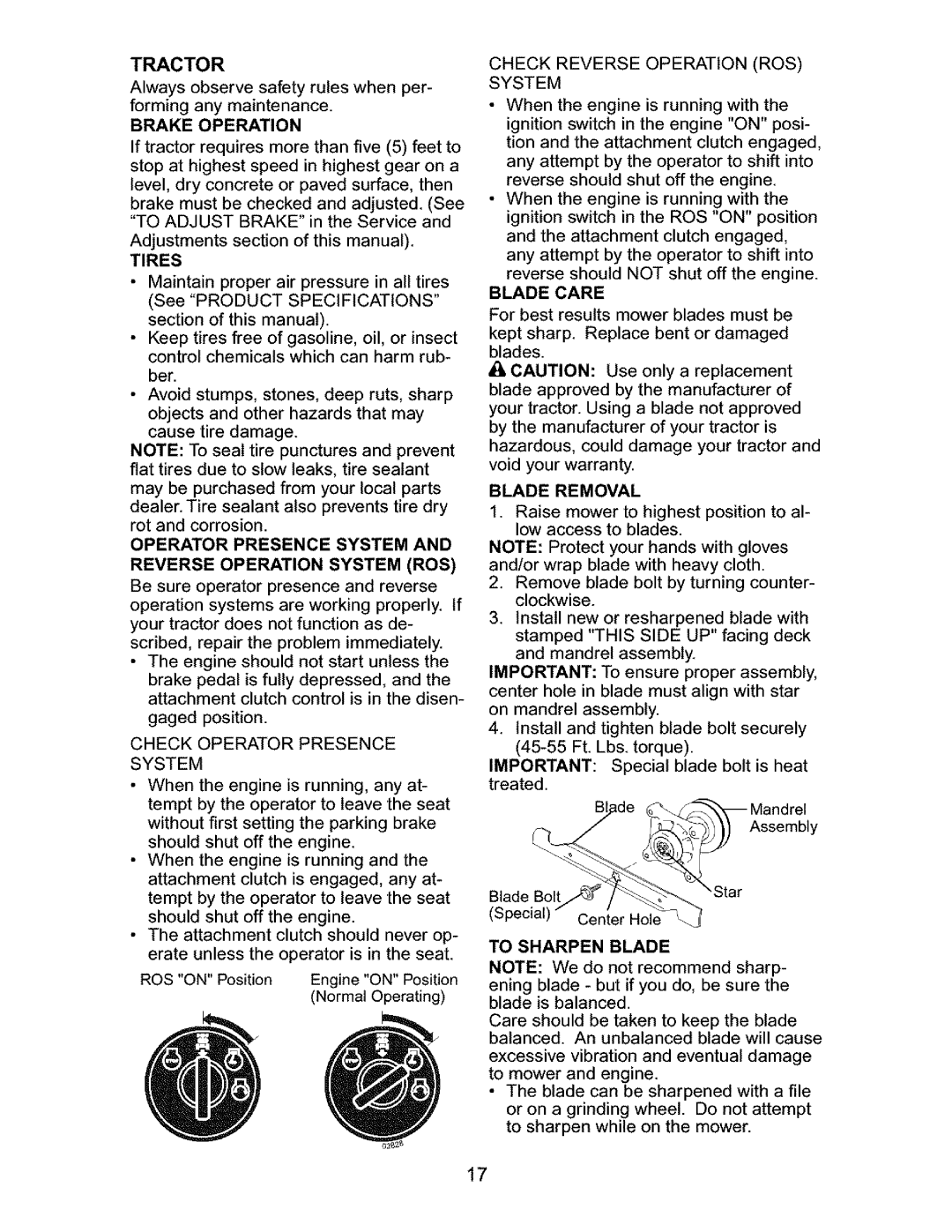 Craftsman 917.27632 Tractor, Brake Operation, Tires, Operator Presence System Reverse Operation System ROS, Blade Care 