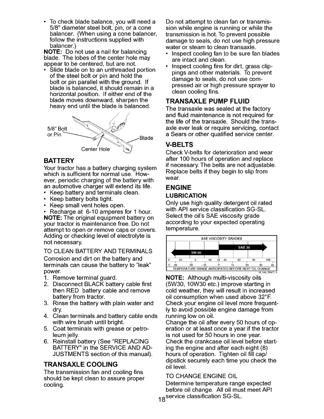 Craftsman 917.27632 owner manual Engine, Transaxle Cooling, Battery, Transaxle Pump Fluid, Lubrication 