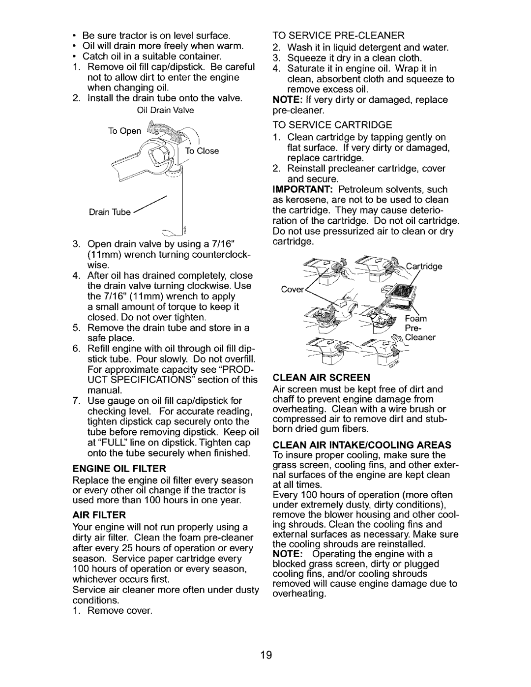 Craftsman 917.27632 owner manual Engine OIL Filter, AIR Filter, Clean AIR INTAKE/COOLING Areas 