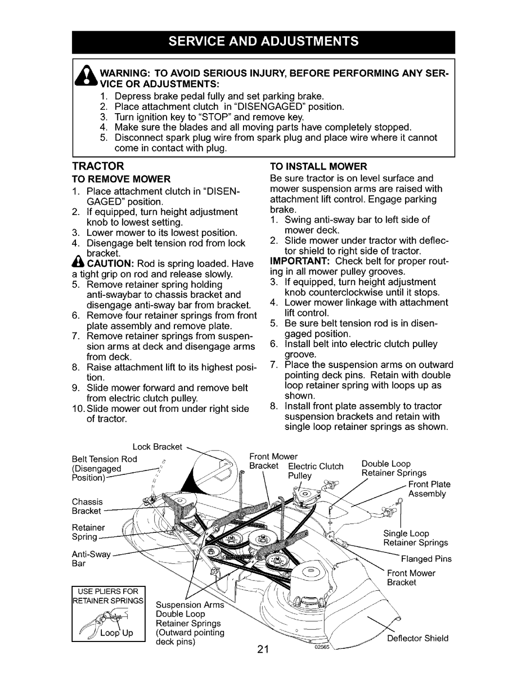 Craftsman 917.27632 owner manual Tractor, Vice or Adjustments, To Remove Mower, To Install Mower 