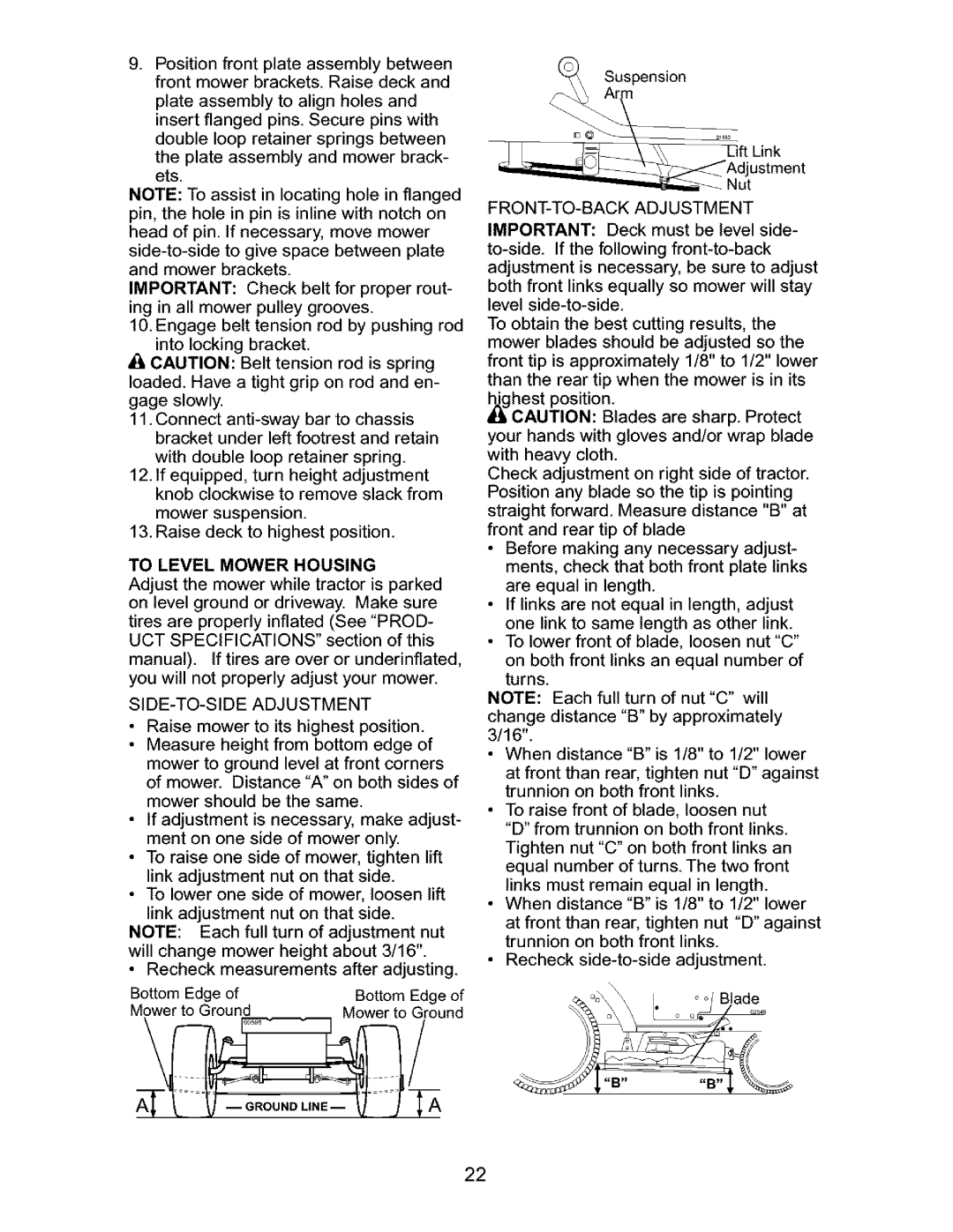 Craftsman 917.27632 owner manual To Level Mower Housing, SIDE-TO-SIDE Adjustment, FRONT-TO-BACK Adjustment 