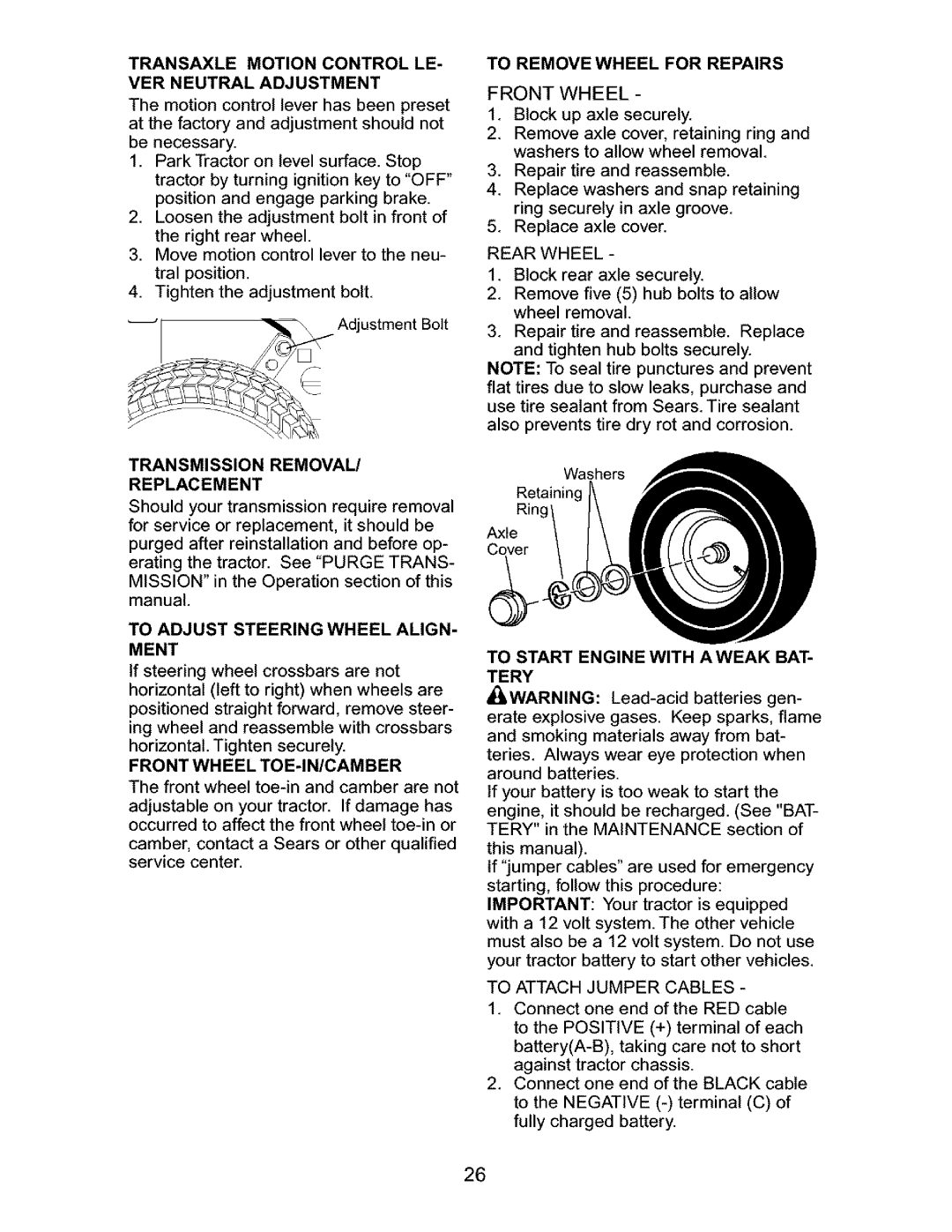 Craftsman 917.27632 owner manual Transaxle Motion Control LE- VER Neutral Adjustment, Transmission Removal Replacement 