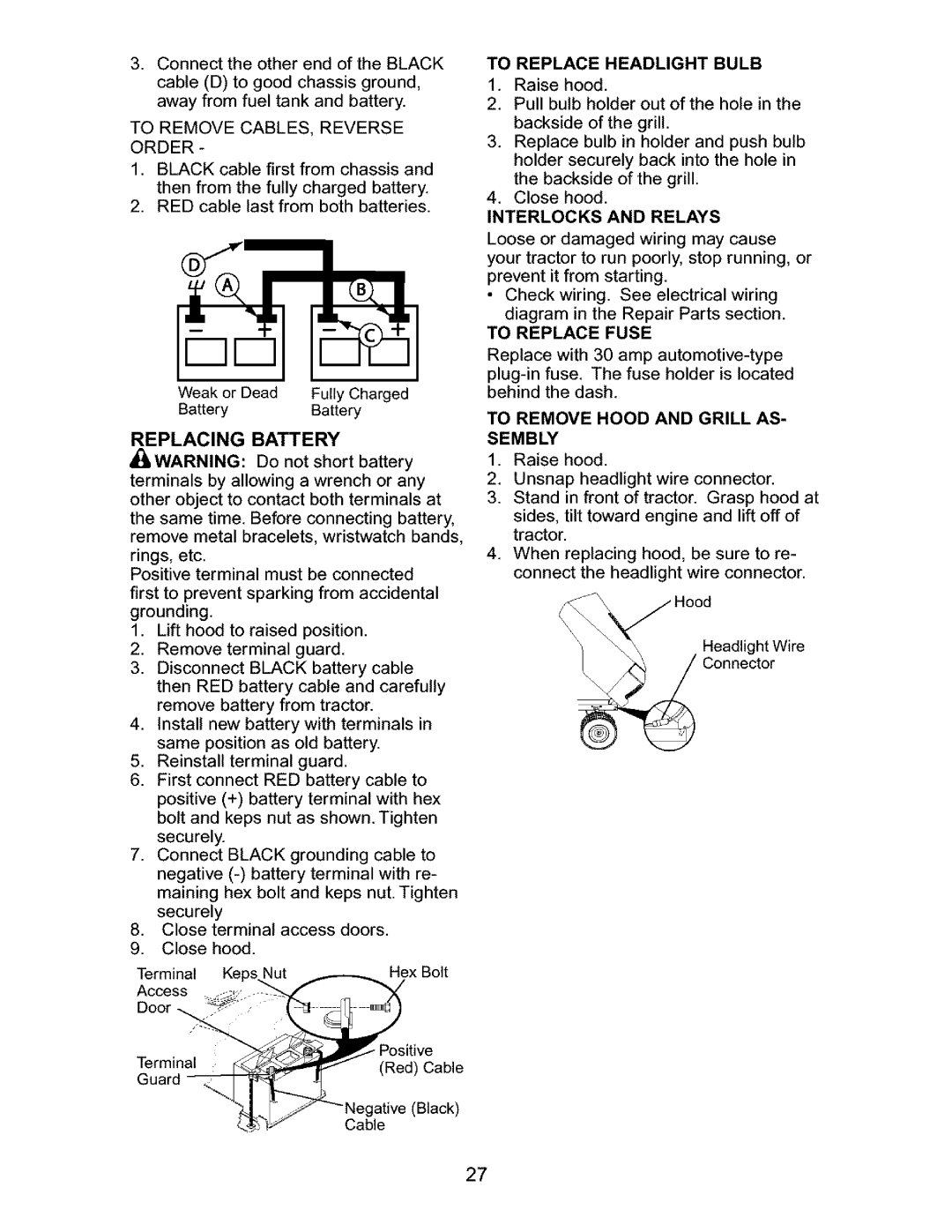 Craftsman 917.27632 Replacing Battery, To Replace Headlight Bulb, To Replace Fuse, To Remove Hood and Grill AS Sembly 