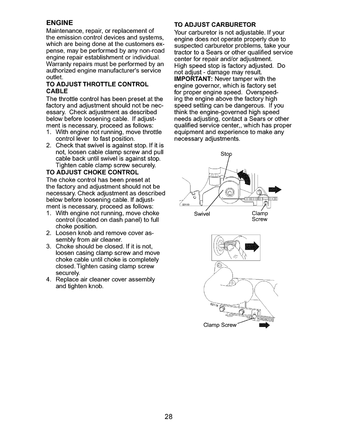 Craftsman 917.27632 To Adjust Throttle Control Cable, To Adjust Choke Control, To Adjust Carburetor, Necessary adjustments 