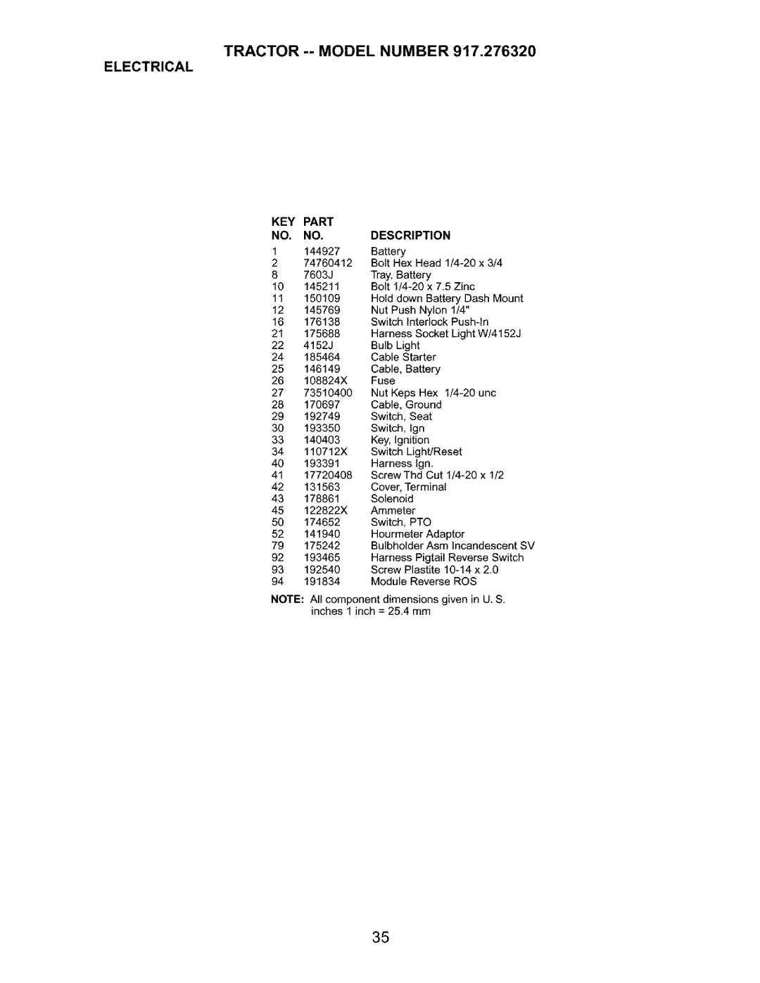 Craftsman 917.27632 owner manual Tractor -- Model Number Electrical, KEY Part Description 